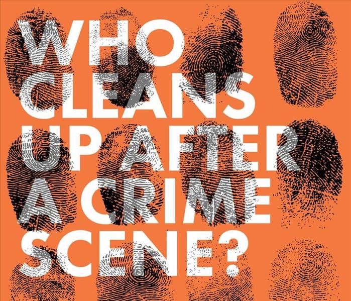 Orange square with fingerprints all over it and text that reads, "who cleans up after a crime scene?"