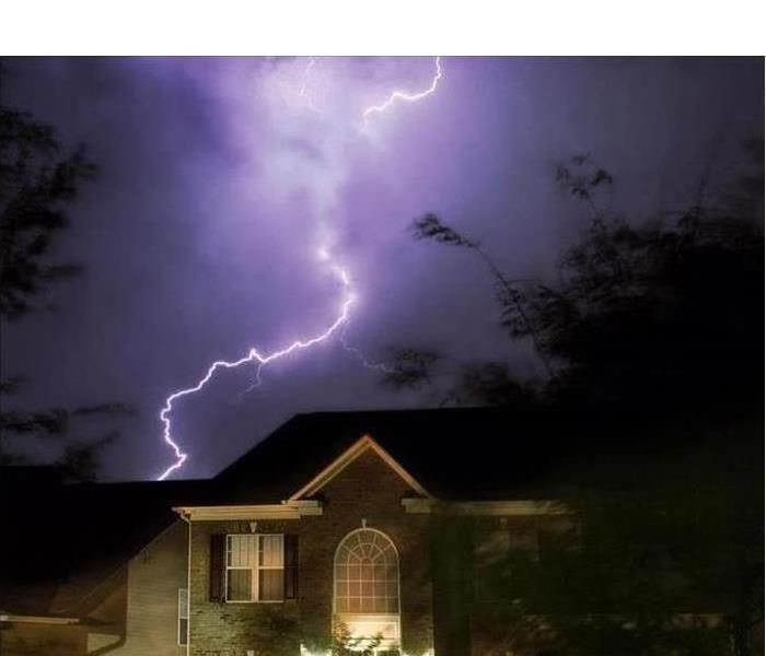 Lightning striking over a house